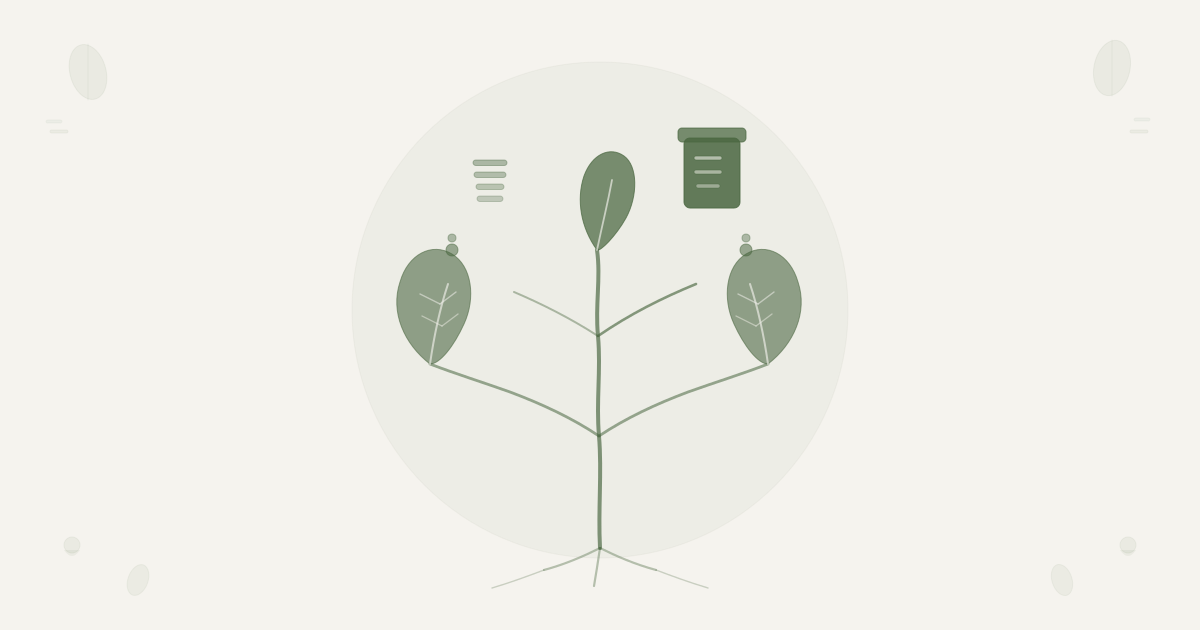 Scandinavian botanical illustration for How to Build a Functional Pantry — asymmetric crown with dominant jar form representing the stocked pantry and alternate grain dashes representing staple ingredients