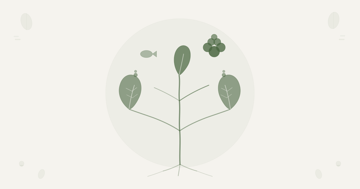 Scandinavian botanical illustration for Legumes as Protein Sources — asymmetric crown with dominant legume cluster representing plant protein and alternate fish form representing animal protein comparison
