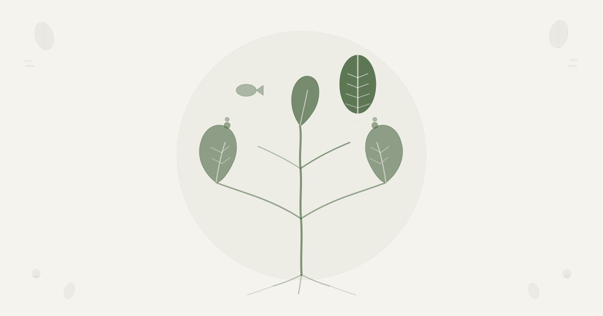 Scandinavian botanical illustration for Mediterranean Diet: How the Pattern Works — asymmetric crown with dominant leaf representing plant foundation, alternate fish form, and teardrop accent representing olive oil